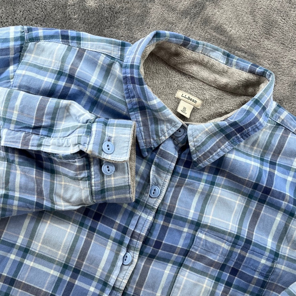 LL Bean Fleece Lined Flannel Shirt Jacket Blue Plaid Womens XL 285013 Regular